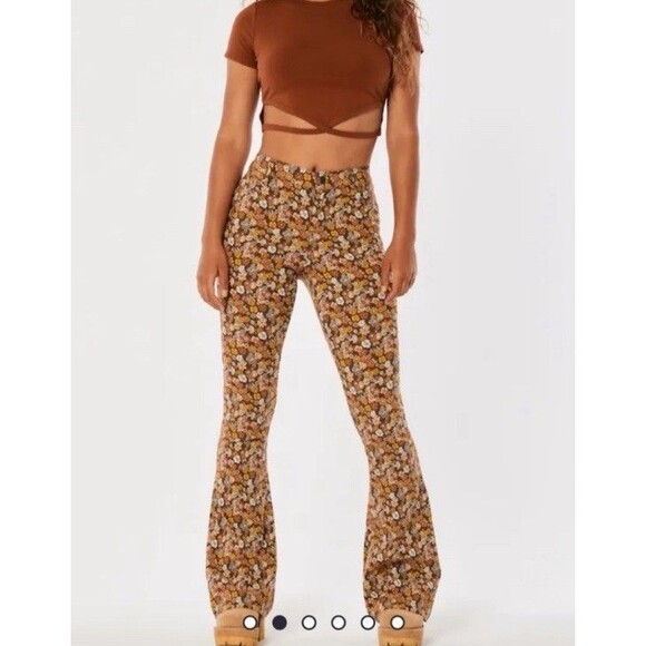 Hollister Womens Retro Floral Flare Pants Size M Boho 70s Y2K Hippie Mushrooms - Picture 11 of 13